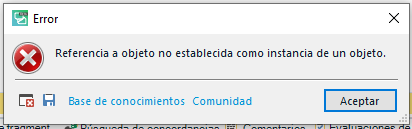 Error dialog box in Trados Studio with a message 'Referencia a objeto no establecida como instancia de un objeto' and buttons for 'Base de conocimientos', 'Comunidad', and 'Aceptar'.