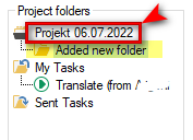 Trados Studio screenshot showing the project folders pane with a new folder named 'Projekt 06.07.2022' highlighted and an arrow pointing to it indicating it's the newly added folder.