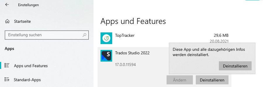 Windows Settings screen showing 'Apps and Features' with Trados Studio 2022 selected and an uninstall option available.