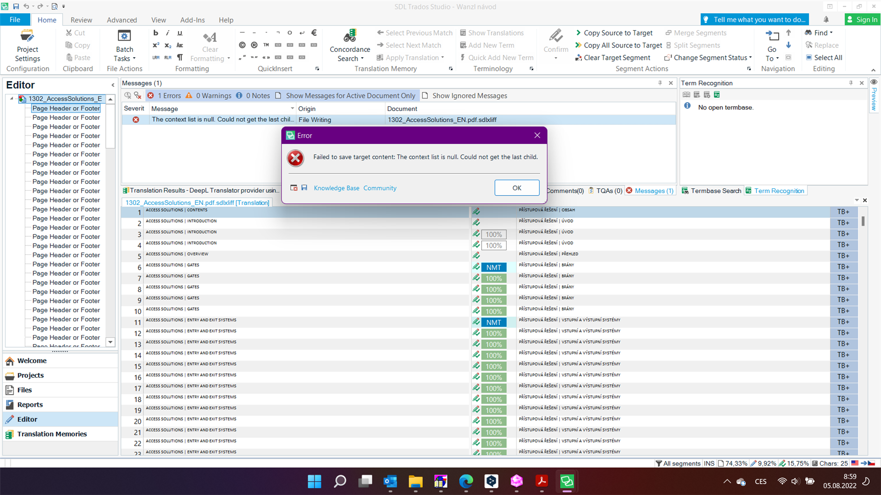 Trados Studio error message window overlaying the main interface, displaying 'Failed to save target content: The context list is null. Could not get the last child.'