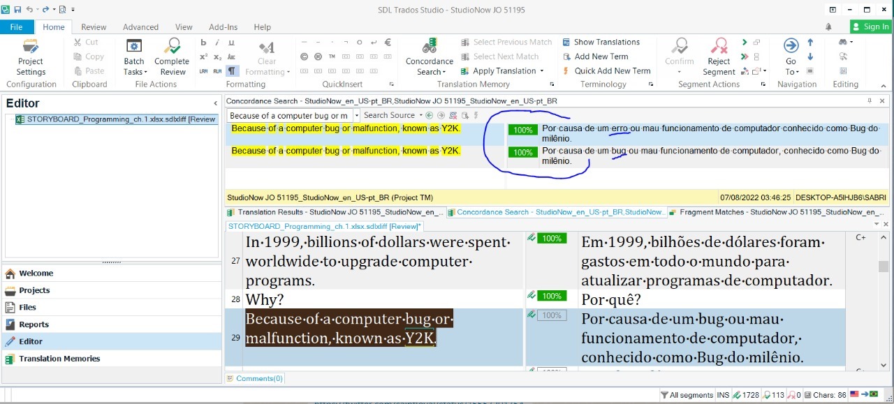 Screenshot of Trados Studio interface showing the Editor window with a segment selected. The Concordance Search results display the reviewed segment with tracked changes, but the Target side only shows the initial translation without the changes.