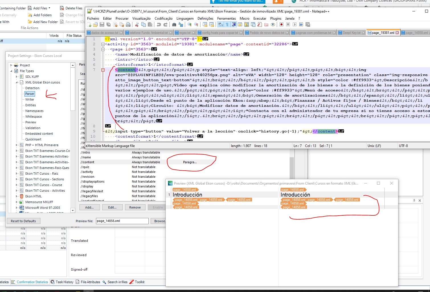Screenshot of Trados Studio interface showing XML code with content elements and HTML tags. The segment to translate is highlighted, and the preview pane is open with a partial view of the formatted text.