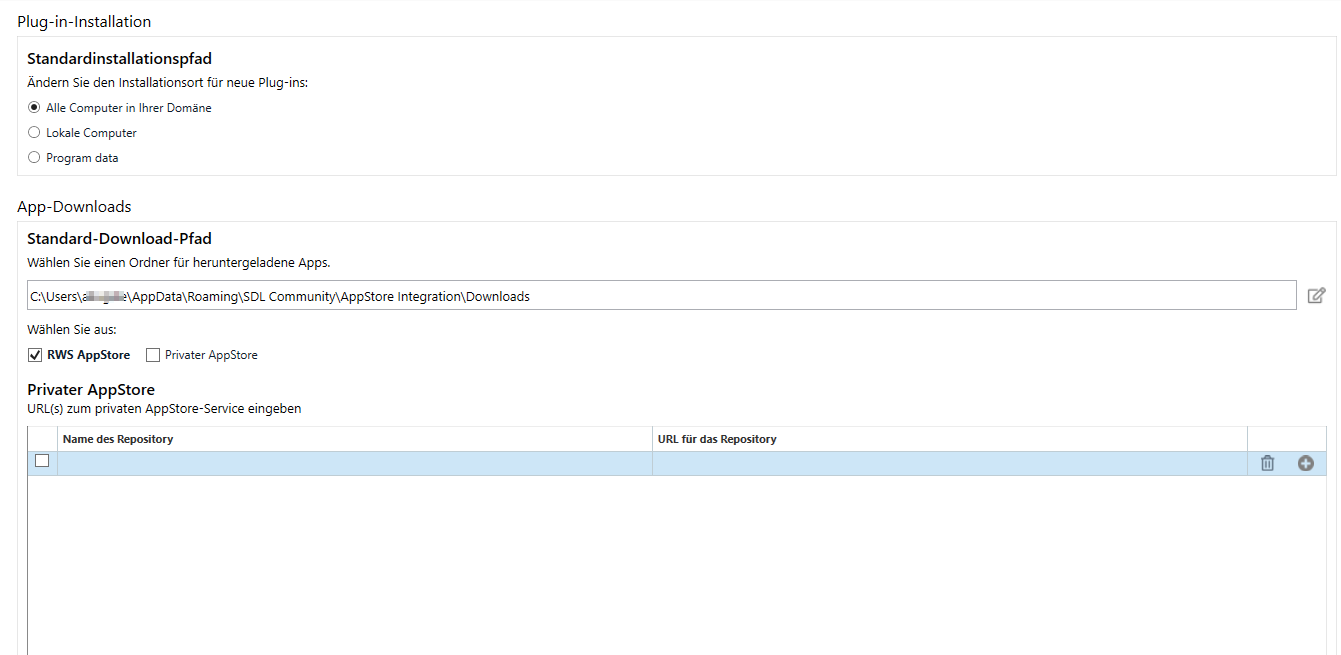 Trados Studio settings showing options for plugin installation path and app downloads with RWS AppStore selected.
