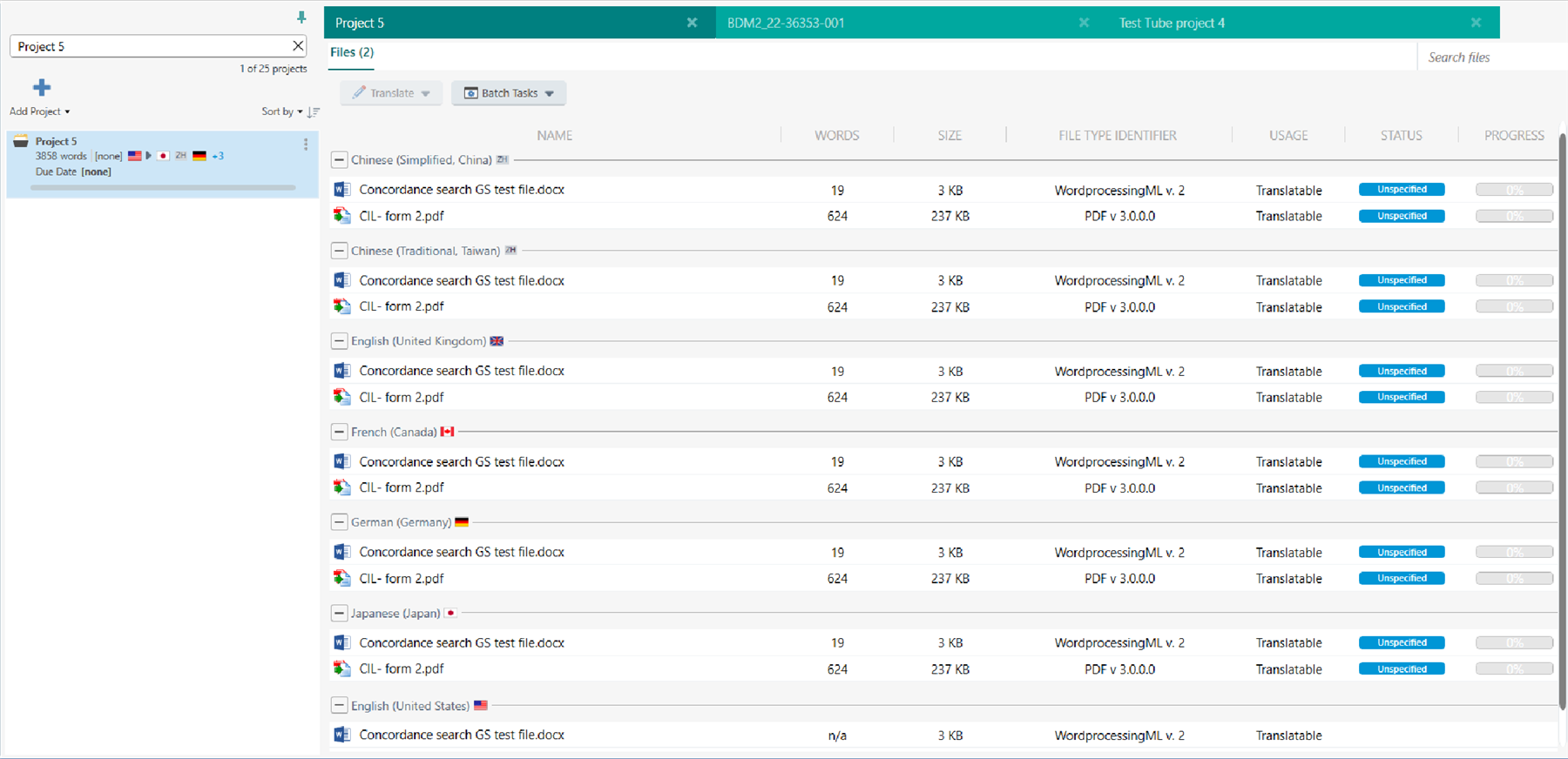 Screenshot of Trados Studio 2022 Manager View showing Project 5 with files in multiple languages like Chinese, English, French, German, and Japanese. Each file has a status of 'Translatable' and 'Unspecified' with 0% progress.