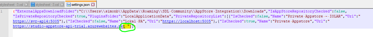 Screenshot of Trados Studio settings.json file highlighting a trailing space in the private store URL causing an issue.