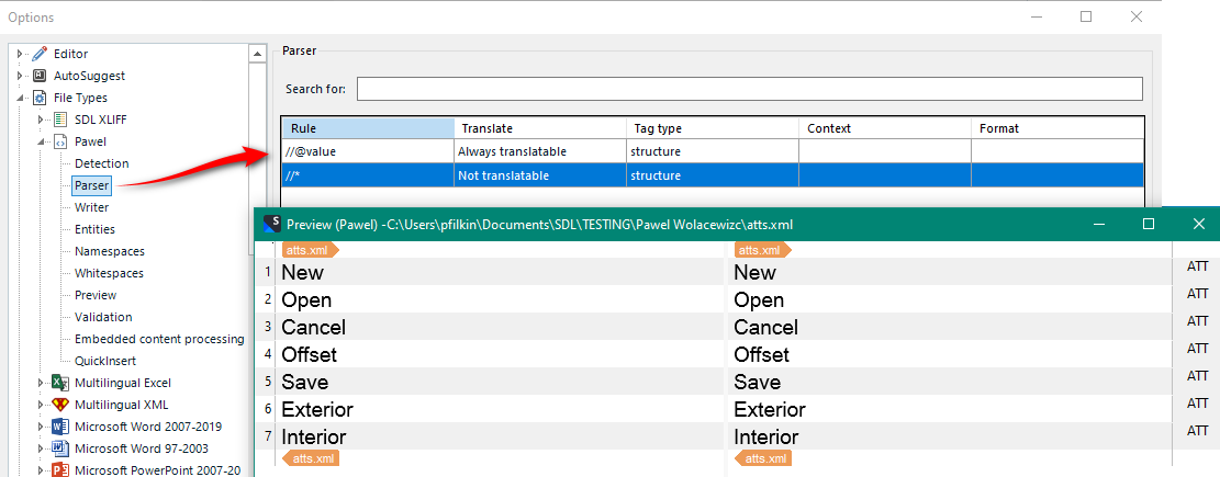 Trados Studio screenshot showing the File Types options with a custom XML parser rule for attribute values highlighted and a preview of the translatable content.