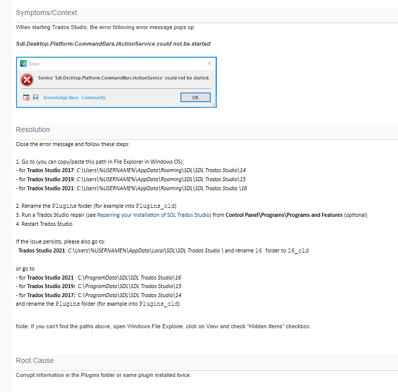 Error message 'Sdl.Desktop.Platform.CommandBars.IActionService could not be started' displayed on Trados Studio startup.
