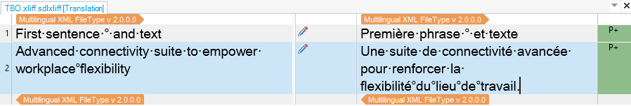 Screenshot of Trados Studio showing a side-by-side comparison of source and target text in the Multilingual XML FileType editor.