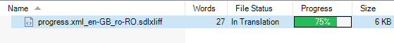 Trados Studio file analysis window indicating 27 words in translation with 75% progress.