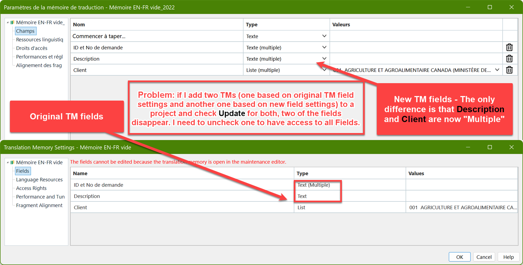 Trados Studio Translation Memory Settings window showing a problem message indicating fields cannot be edited because the translation memory is open in the maintenance editor.