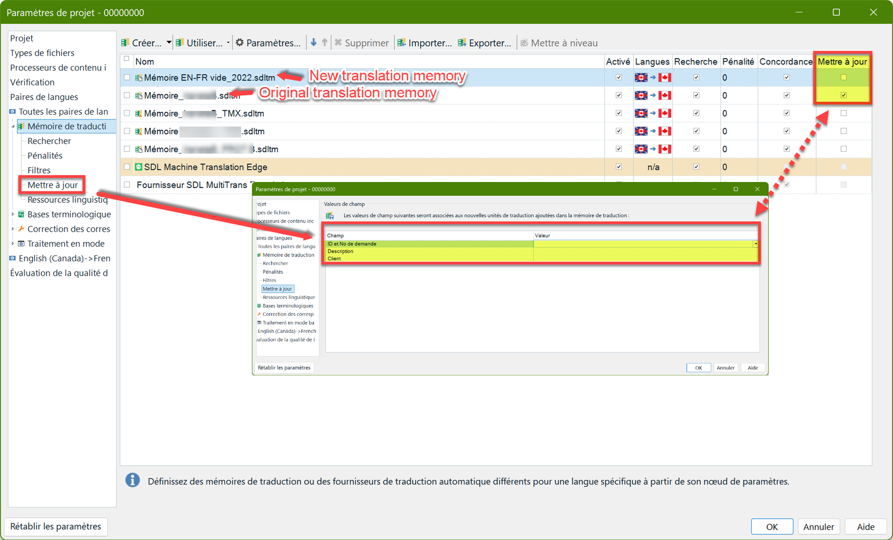 Trados Studio Project Settings window with a focus on the Update checkbox for new and original translation memories, highlighting that some fields disappear when both are checked.