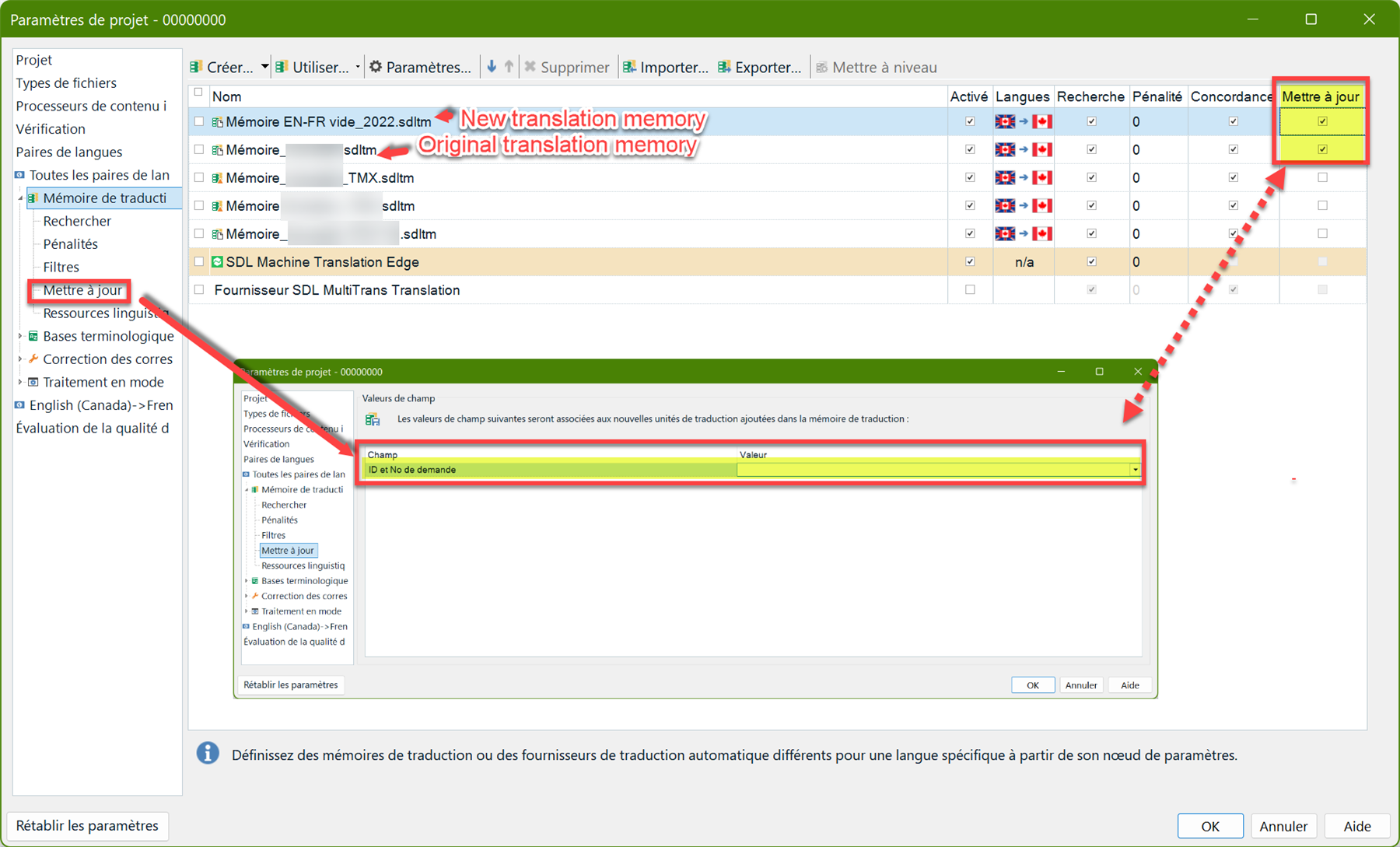 Trados Studio Project Settings window showing the Update checkbox unchecked for the original translation memory, allowing all fields to be visible and editable.