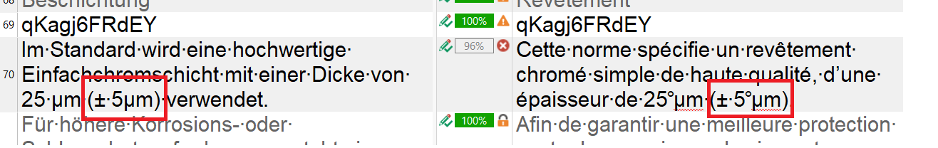 Screenshot of Trados Studio showing a QA error for spacing between a number and unit in a German segment.