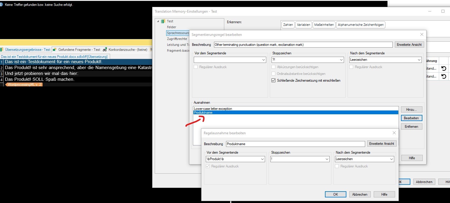 Trados Studio screenshot showing Translation Memory settings with an exception added for 'Produktname' and the exclamation mark selected as the stop symbol.