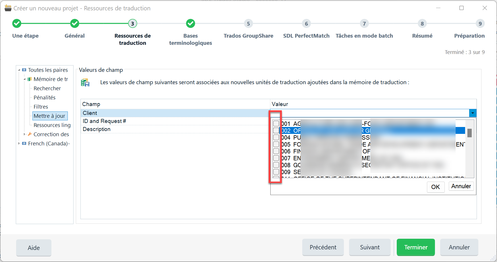 Trados Studio project creation window showing a list of client codes where typing 009 incorrectly selects multiple codes including 002, 004, and 909.