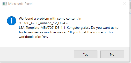 Error message in Microsoft Excel stating 'We found a problem with some content' in a specific Excel workbook, prompting to recover content by clicking Yes.