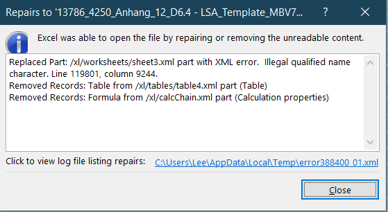 Information message in Microsoft Excel detailing repairs to the workbook, including replaced parts and removed records due to XML errors, with a link to the log file.
