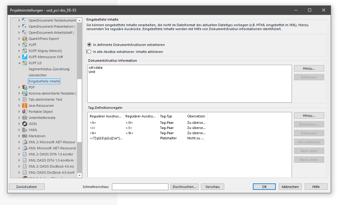 Trados Studio project settings window with 'Embedded Content' selected, showing options for CDATA extraction and document structure information.