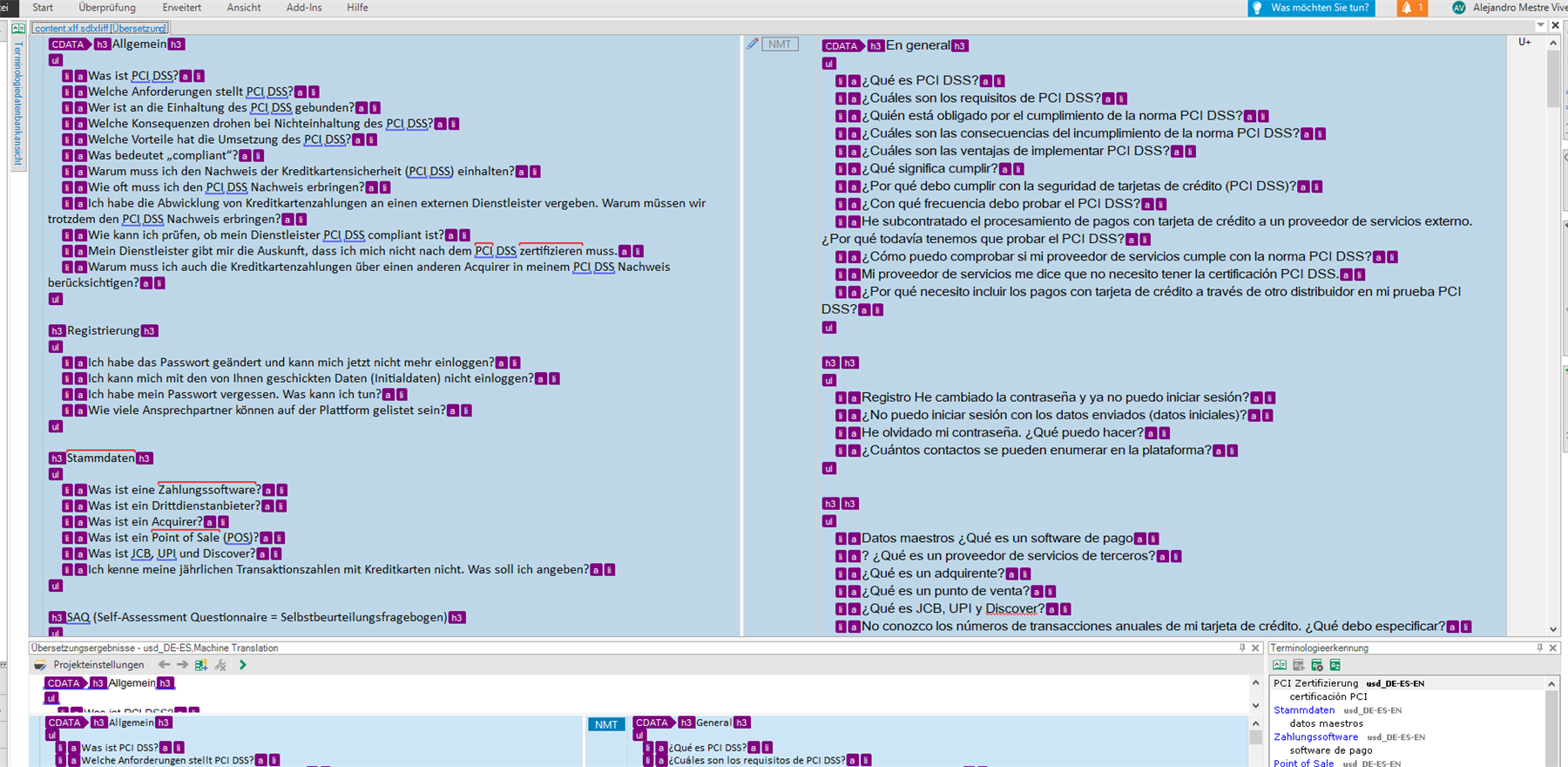 Trados Studio translation editor displaying a large segment of text within CDATA tags, causing slow performance in the software.