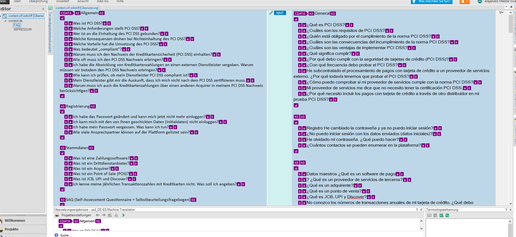 Trados Studio interface showing a side-by-side comparison of content in German on the left and Spanish on the right, with highlighted segments and a search bar at the bottom.