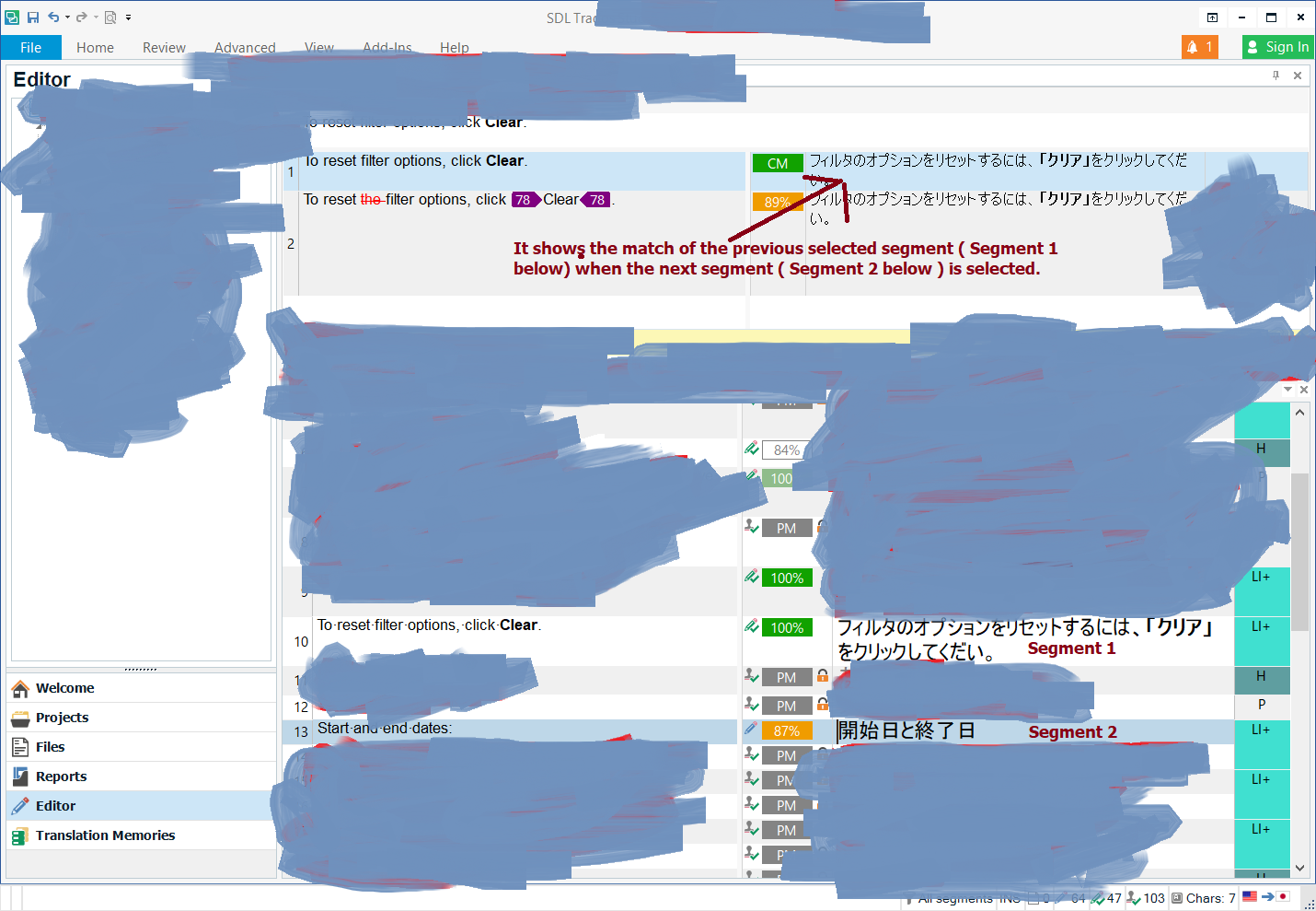 Screenshot of SDL Trados Studio 2017 Editor showing incorrect 100% match from previous segment when next segment is selected. Error message and match percentage are visible.