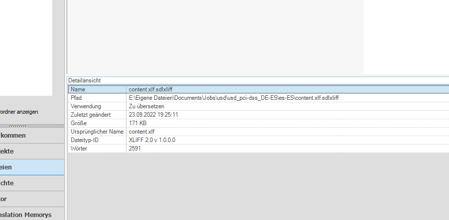 Trados Studio screenshot showing file details with name 'content.xlf.sdlxliff', path, usage set to 'To translate', last modified date, size, original name, file type ID 'XLIFF 2.0 v 1.0.0.0', and word count '2591'.