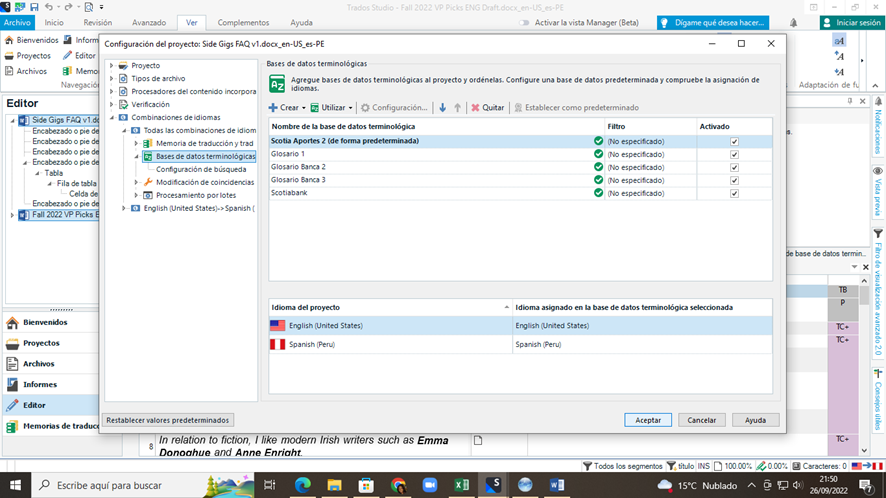 Trados Studio project settings window showing English (United States) to Spanish (Peru) language pair with no specified terminology databases.