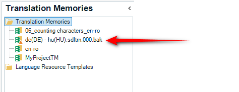 Screenshot showing Trados Studio's Translation Memories view with an orange triangle warning next to a translation memory named 'de(DE) - hu(HU).sdltm.000.bak'.