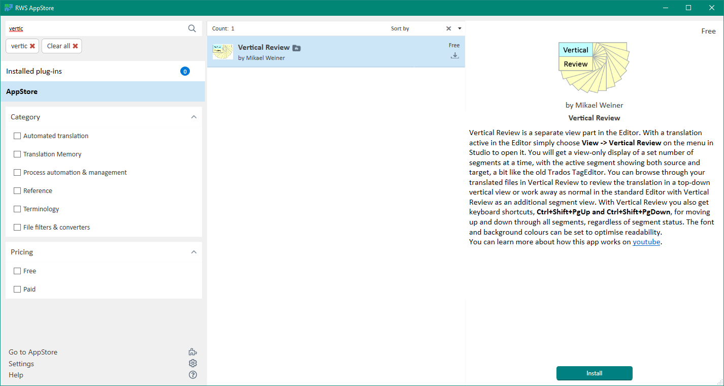 Screenshot of RWS AppStore with a search for 'vertic' showing one result for 'Vertical Review' by Mikael Weiner, which is a free plugin for Trados Studio. No visible errors or warnings.