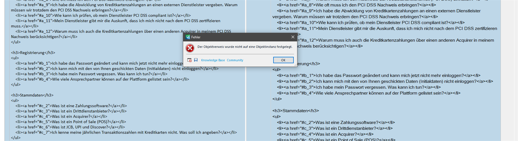 Error message overlay on Trados Studio interface stating 'Der Objektverweis wurde nicht auf eine Objektinstanz festgelegt.' with options for Knowledge Base and Community.
