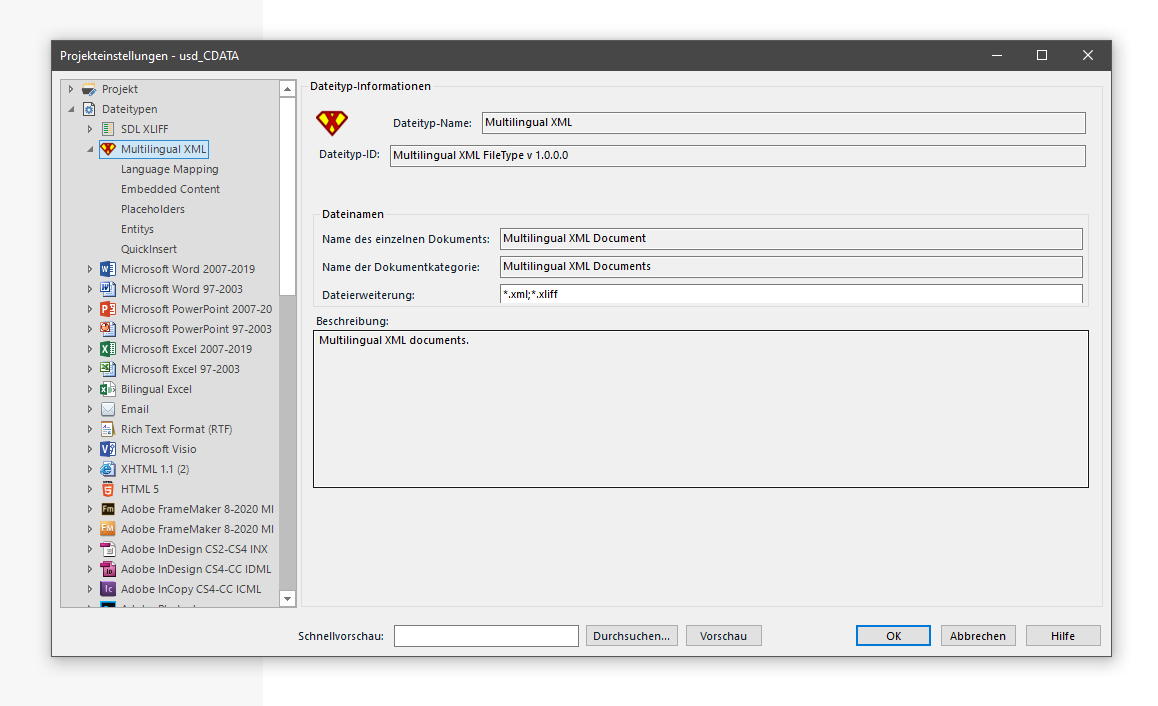 Trados Studio project settings window showing an error icon next to 'Multilingual XML' file type name.