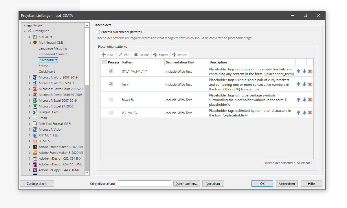 Trados Studio placeholder settings displaying patterns and descriptions for various placeholder tags.