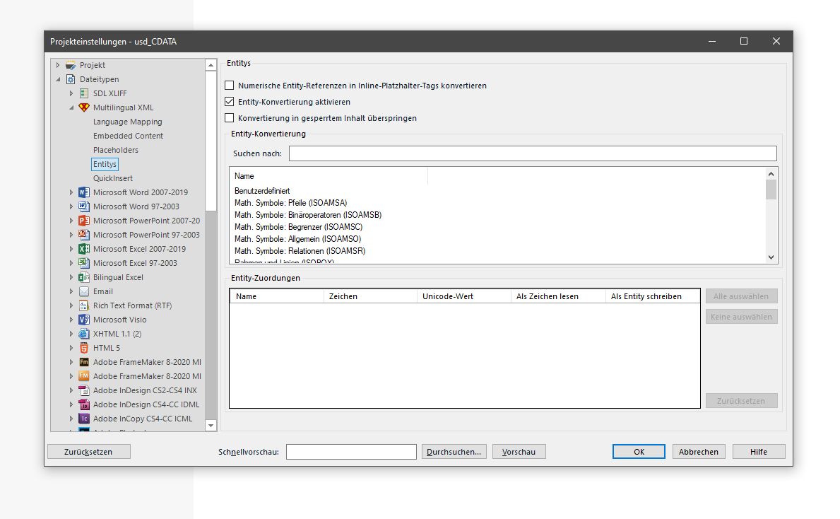 Trados Studio entity settings with a list of mathematical symbols and their corresponding Unicode values.