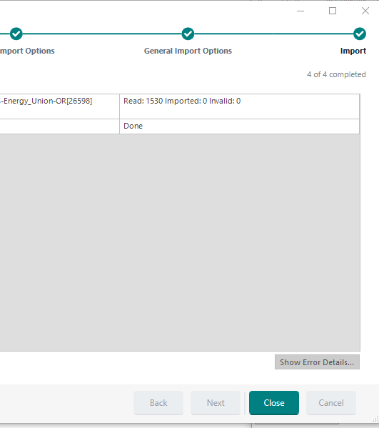 Trados Studio import summary showing 1530 segments read but 0 imported into Translation Memory with no errors indicated.