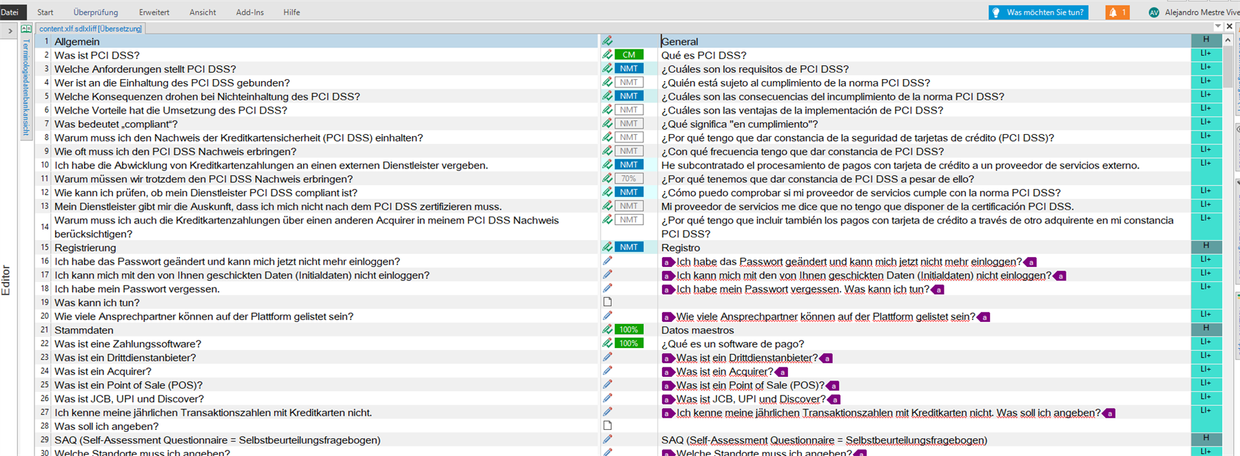 Trados Studio editor with segments translated from German to Spanish. Some segments are marked NMT, one at 70% match, others at 100%. No visible errors or warnings.