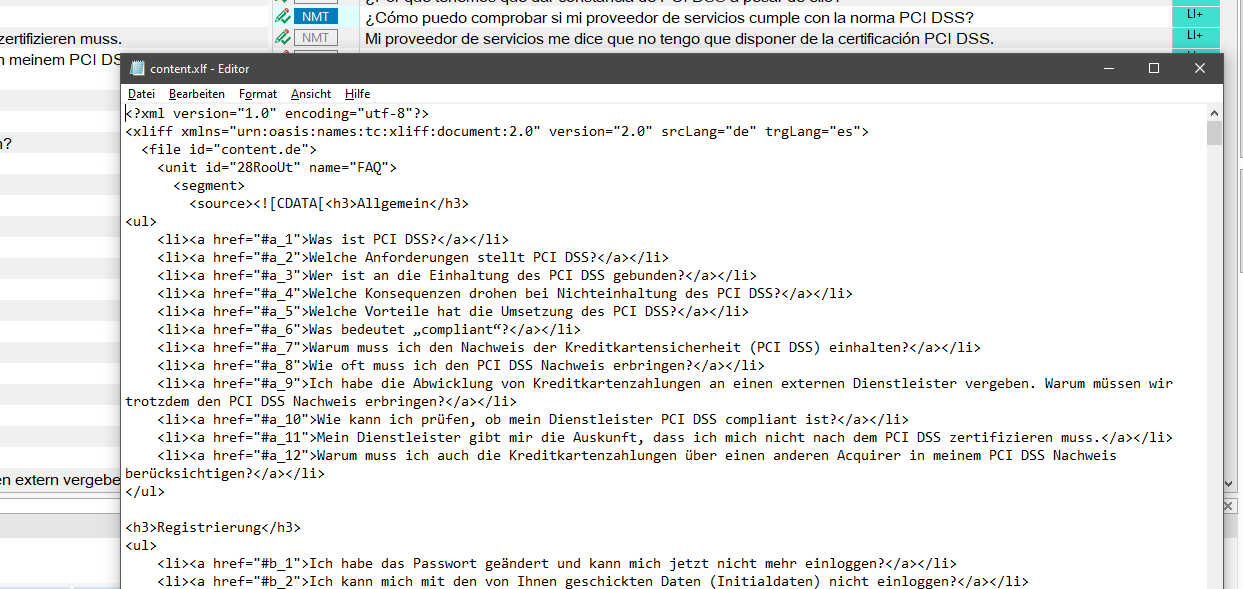 Trados Studio editor showing source code of the translation file with segments in German. No visible errors or warnings.