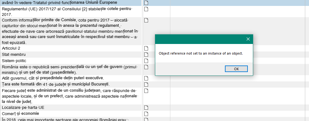 Screenshot of Trados Studio with an error message pop-up saying 'Object reference not set to an instance of an object' with an OK button.
