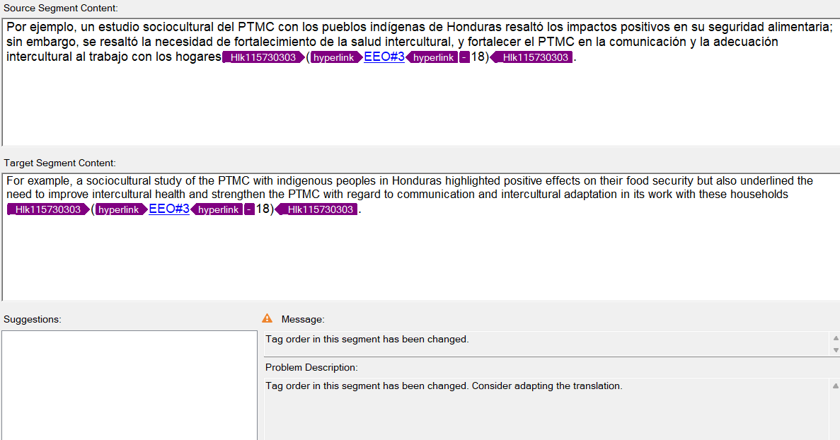Trados Studio error message indicating 'Tag order in this segment has been changed' with source and target segments showing hyperlinks and tags.