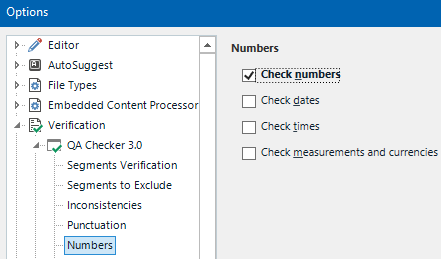 Trados Studio Options menu with QA Checker 3.0 expanded showing 'Check numbers' option ticked under the Numbers section.