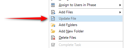 Screenshot showing the 'Update File' option highlighted in the Files View context menu within Trados Studio.