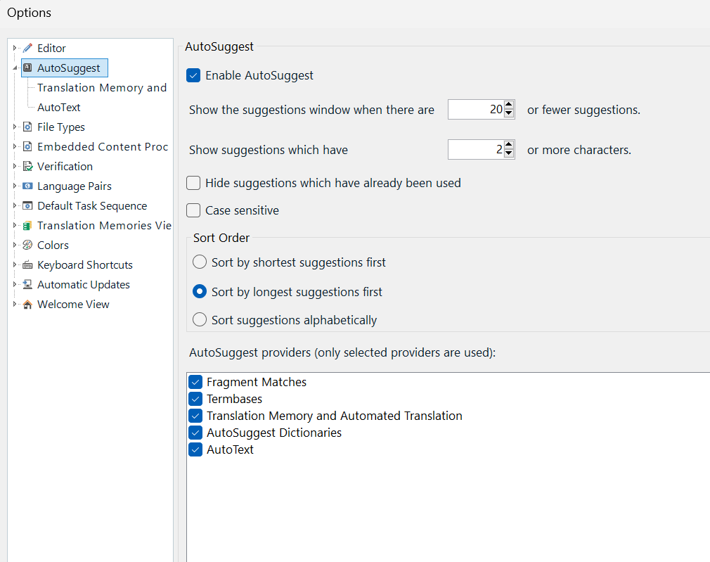 Trados Studio AutoSuggest options window showing enabled AutoSuggest with settings for suggestion window display, character count for suggestions, and sort order. Providers include Fragment Matches, Termbases, Translation Memory, AutoSuggest Dictionaries, and AutoText.