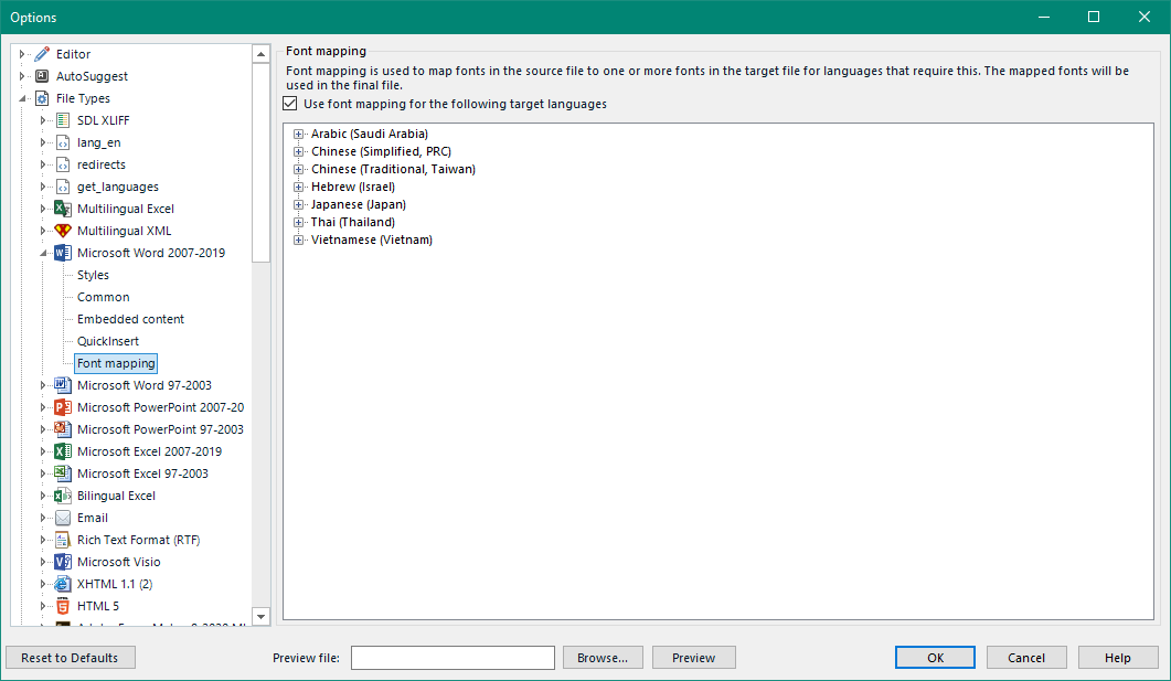 Trados Studio options window showing font mapping settings for various languages including Arabic, Chinese, Hebrew, Japanese, Thai, and Vietnamese.