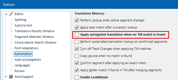 Trados Studio Options menu with Automation tab selected, showing 'Apply automated translation when no TM match is found' checkbox ticked.