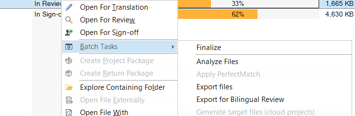 Trados Studio screenshot showing the Batch Tasks menu expanded with options like Create Project Package, Create Return Package, and Apply PerfectMatch.