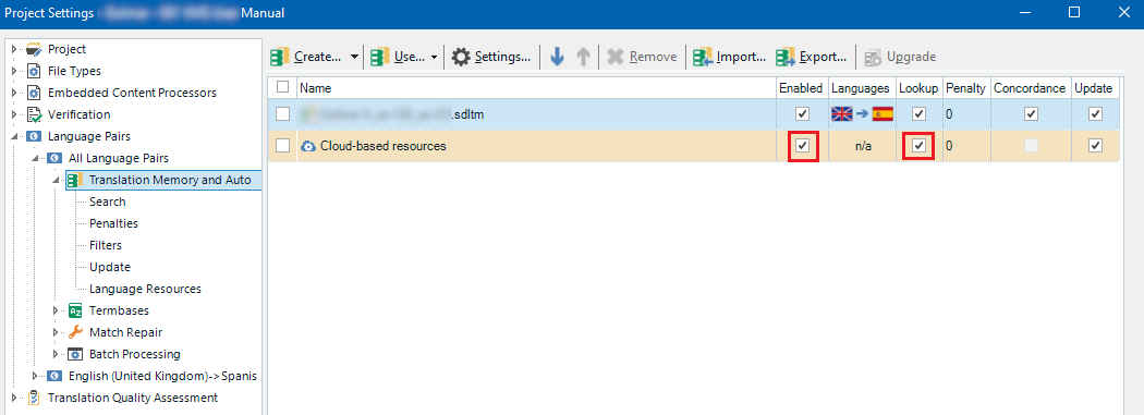 Trados Studio Project Settings window showing a list of resources. A resource named 'Lookup' is highlighted with two checked boxes under 'Enabled' and 'Update' columns.