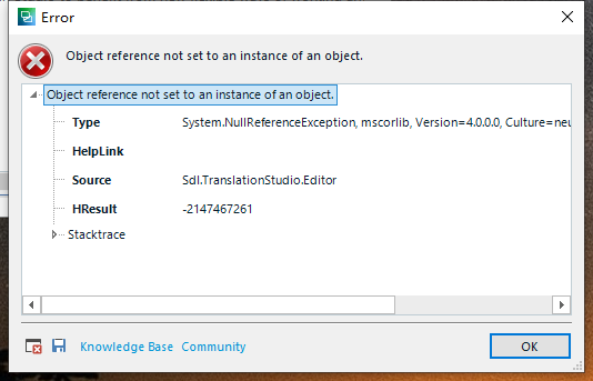 Error message window titled 'Error' with a red cross icon, displaying the text 'Object reference not set to an instance of an object.' and details about the error type, help link, source, HRESULT, and stack trace.