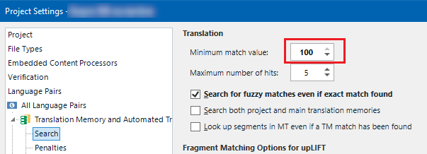 Trados Studio Project Settings window showing Translation section with Minimum match value set to 100 highlighted in red.