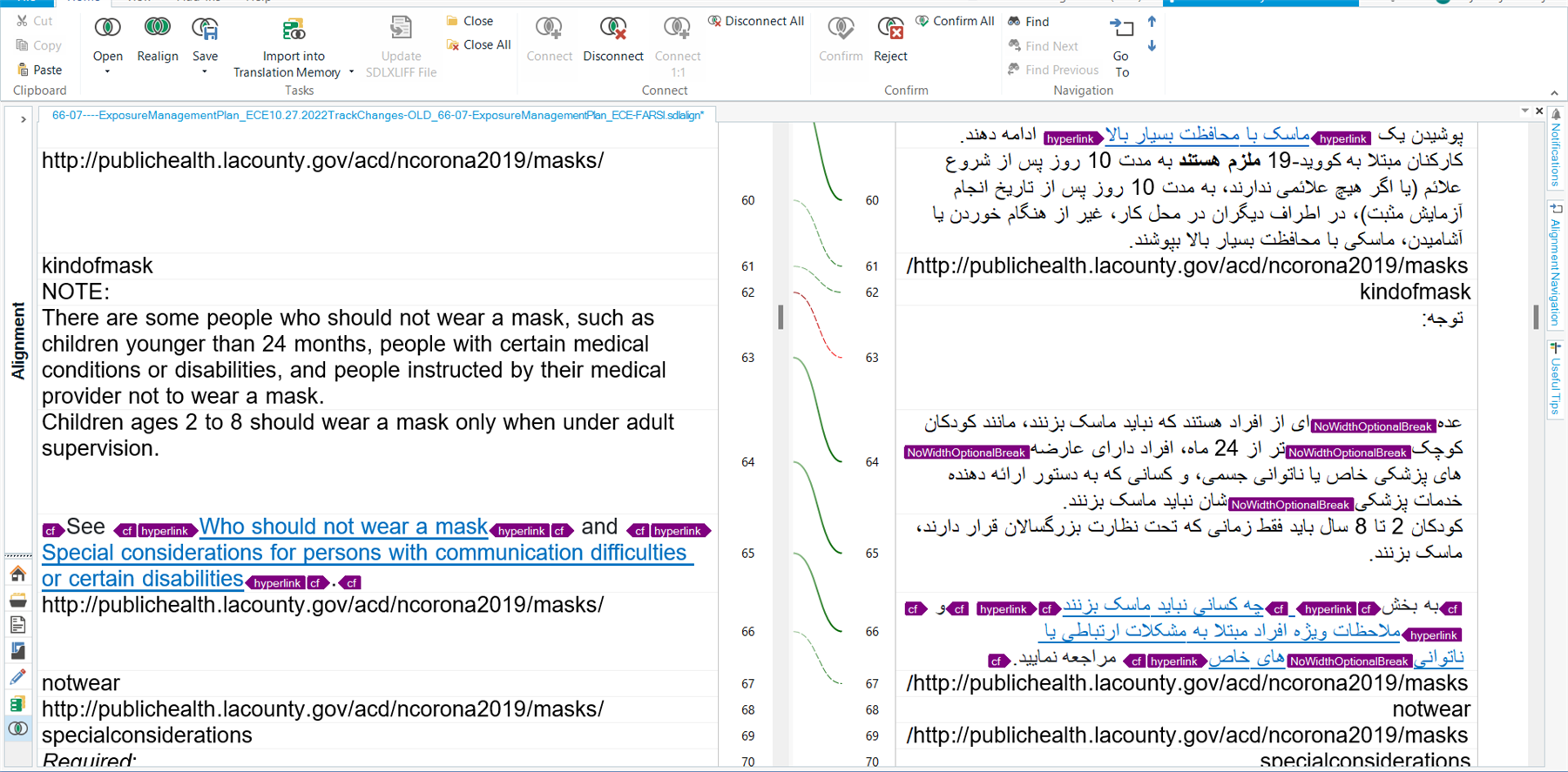 Trados Studio alignment editor view with English source text on the left and Persian target text on the right, highlighting the term 'NoWidthOptionalBreak'.