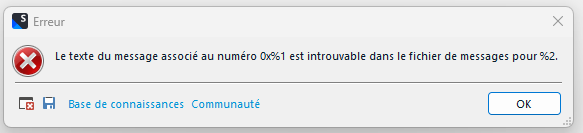 Error window in Trados Studio displaying message: 'The text of the message associated with error number 0x%1 is not found in the message file for %2.' with OK button.