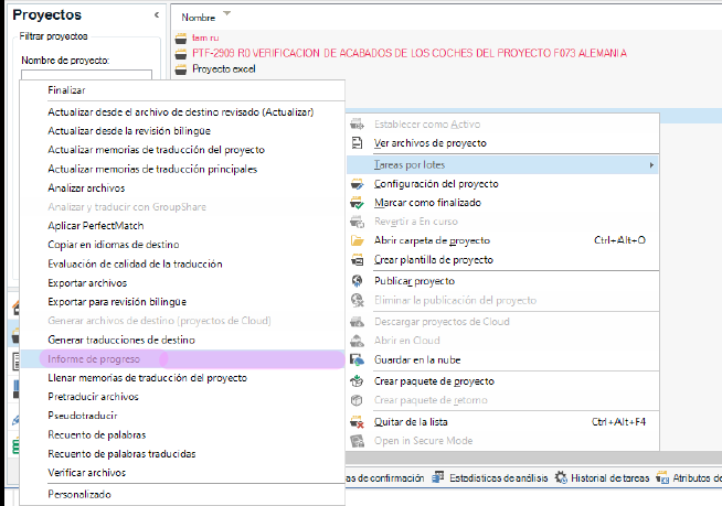 Trados Studio project window with a list of options on the left and project details on the right, including project name 'F07 VERIFICACION DE ACABADOS DE LOS COCHES DEL PROYECTO F073 ALEMANIA'.
